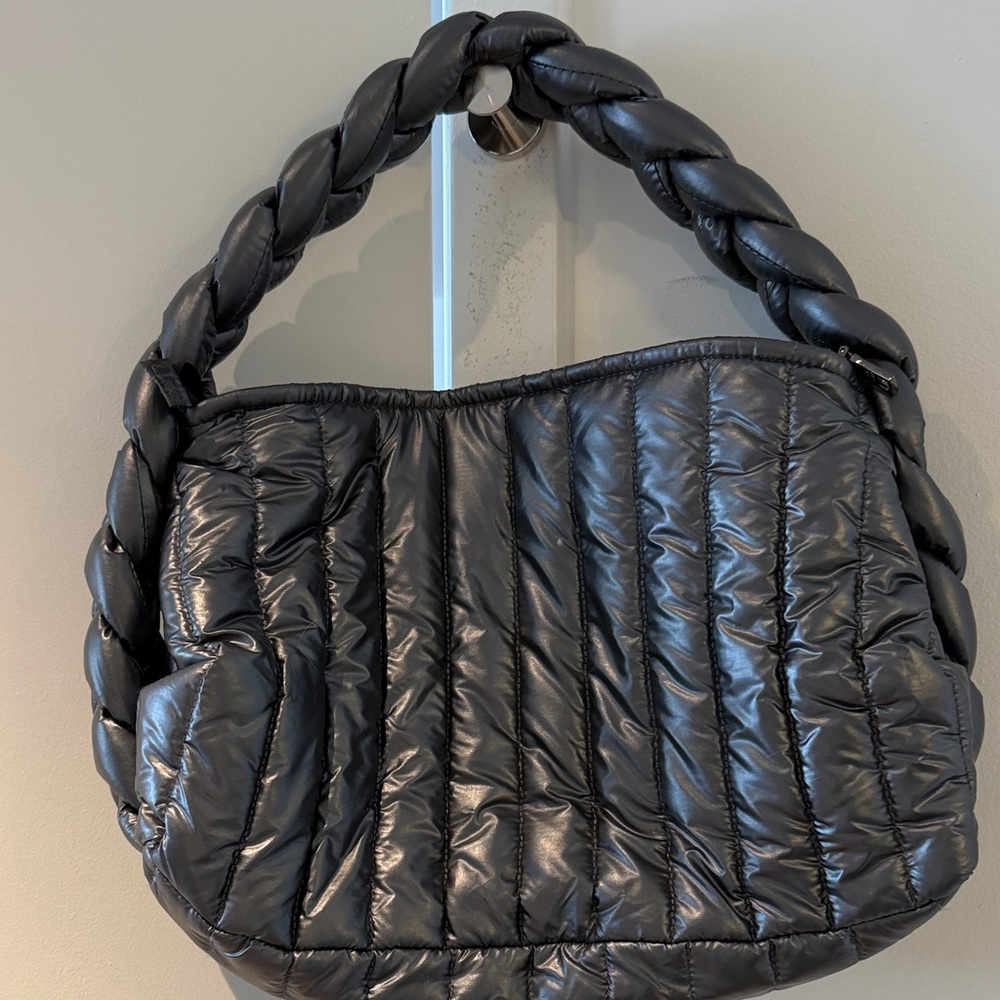 THINK ROYLN Quilted Puffy Shoulder Bag in Black with Braided Handle